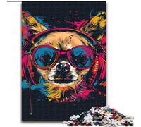 Rompecabezas para Adultos de 1000 Piezas Chihuahua DJ Neon de Madera, Actividad Divertida para el hogar, 50x75cm, Atractiva Actividad de Noche de Juegos Familiares