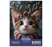 Rompecabezas para Adultos De 1000 Piezas Christmas Cat with Reindeer Antlers Rompecabezas para Adultos Juego Práctico Análisis Y Lógica Gran Regalo para Los Amantes De Los Juegos 52x38cm/1000pcs