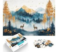 Rompecabezas para Adultos de 1000 Piezas Ciervos en el Paisaje del Bosque de pinos Dorados de Las Montañas Azules Regalos de Juegos desafiantes Una Obra de Arte 75x50cm