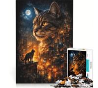 Rompecabezas para Adultos de 1000 Piezas, Ciudad, Gato, Horizonte Nocturno, Vida Urbana, Juego Práctico, Reto para Completar, Colección de Artistas, Bellas Artes 38x52cm