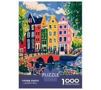 Rompecabezas para Adultos De 1000 Piezas Colorful Amsterdam Canal Scene with Bicycles Rompecabezas para Adolescentes Juguetes Antiestrés Mejora La Memoria Gran Regalo para Jugar 52x38cm/1000pcs