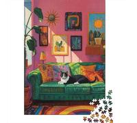 Rompecabezas para Adultos De 1000 Piezas Colorful Living Room with Cat Rompecabezas para Adolescentes Juego De Ingenio Decoración del Hogar Actividades Divertidas En Casa, 52x38cm/1000pcs