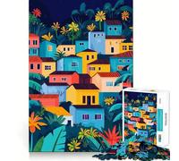 Rompecabezas para Adultos de 1000 Piezas,Coloridas Casas de un Pueblo Tropical,Arte Minimalista,uniones Suaves,diversión para Resolver Problemas,Juego Casual,Tiempo de Juego,Arte para cumpleaños