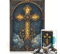 Rompecabezas para Adultos de 1000 Piezas con Cruz Dorada de vidrieras Juego práctico Actividades Divertidas para Hacer en casa fortalece el Amor Entre Parejas 38x26cm