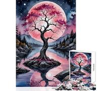 Rompecabezas para Adultos de 1000 Piezas con diseño de árbol Lunar Rosa Juguetes antiestrés Regalos geniales y Juegos de ingenio con póster y Hoja de Trivia a Juego 38x26cm