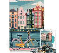Rompecabezas para Adultos de 1000 Piezas con diseño de Bicicleta en los Canales de Ámsterdam Juego para estimular la Mente,Corte láser Actividad Relajante para Grupos en Interiores