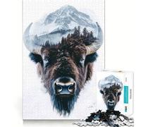Rompecabezas para Adultos de 1000 Piezas con diseño de Bisonte en la montaña,Doble exposición,Corte preciso,Arte,diversión cognitiva,Juego de Ocio, Relajante (38x26cm)