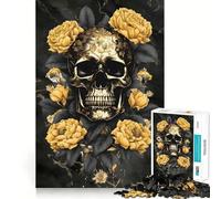 Rompecabezas para Adultos de 1000 Piezas con diseño de Calavera y Flores en Negro y Dorado,Bordes definidos,Juguete para ejercitar la Mente,diversión sin complicaciones,decoración navideña 38x26cm