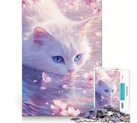 Rompecabezas para Adultos de 1000 Piezas con diseño de Gato Blanco y Flores de Cerezo Juego de lógica con Bordes Lisos y Cortes de precisión reuniones Familiares (38x52cm)
