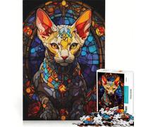 Rompecabezas para Adultos de 1000 Piezas con diseño de Gato de vidriera Juego práctico Ideal para Relajarse y despejar la Mente Decorar el Escritorio 38x52cm