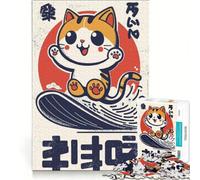 Rompecabezas para Adultos de 1000 Piezas con diseño de Gato Kawaii surfeando, Ideal para Decorar la Pared cumpleaños 38x52cm