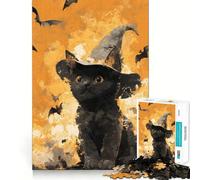 Rompecabezas para Adultos de 1000 Piezas con diseño de Gato Negro y Bruja para Halloween Diversión Garantizada,Actividad Mental Inteligente,Juego Relajante,Regalo navideño Tranquilo 38x26cm