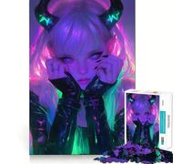 Rompecabezas para Adultos de 1000 Piezas con diseño de niña Diablo con Cuernos de neón Juguete para desafiar la Mente, Ideal para Relajarse y Disfrutar (50x75cm)
