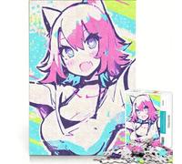 Rompecabezas para Adultos de 1000 Piezas con diseño de una Alegre Gata Anime en Tonos Pastel Ideal para armar y divertirse en Familia con Piezas de Formas aleatorias Que encajan Perfectamente 38x26cm