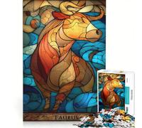 Rompecabezas para Adultos de 1000 Piezas con el Signo Zodiacal Tauro diseño de vidrieras artísticas Juguetes para armar ejercita tu Cerebro y Tus Manos con póster y Hoja de Preguntas a Juego 50x75cm