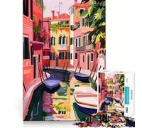 Rompecabezas para adultos de 1000 piezas con escena de los canales de Venecia en tonos pastel,ilustración minimalista,arte de bordes precisos,ejercicio mental,juego y tranquilo,actividad de cumpleaños