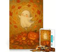 Rompecabezas para adultos de 1000 piezas con hojas de otoño,un lindo fantasma de Halloween,bordes impecables,un divertido juguete para ejercitar la mente,un momento acogedor y divertido con una escena
