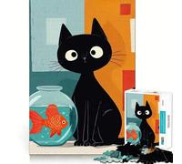 Rompecabezas para Adultos de 1000 Piezas con ilustración de Gato Negro y pez Dorado Juego de lógica de Ajuste preciso Juego fácil Decoración navideña para Pared (38x52cm)
