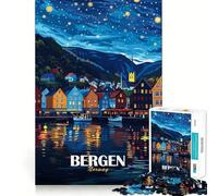Rompecabezas para Adultos de 1000 Piezas con ilustración de Paisaje Nocturno de Bergen,Noruega Diseño de Corte Fino Entrenamiento Mental Diversión para Relajarse Juego artístico para cumpleaños