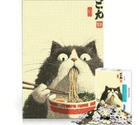 Rompecabezas para Adultos de 1000 Piezas con ilustración de un Gato Comiendo Ramen, Juego Relajante, dificultad Alta, Incluye póster y Hoja de Preguntas a Juego 38x26cm