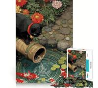 Rompecabezas para Adultos de 1000 Piezas con ilustración de un Gato Negro y un Estanque de Carpas koi Piezas de Corte Limpio Juguete Divertido para Pasar el Tiempo Libre Decoración navideña Regalo