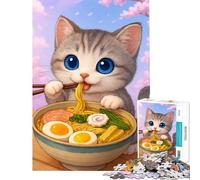 Rompecabezas para Adultos de 1000 Piezas con ilustración de un Lindo Gato Comiendo Ramen Ayuda a ejercitar el Cerebro Un desafío difícil Juego Educativo para Mayores de 14 años 38x26cm