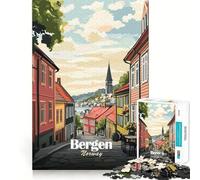 Rompecabezas para Adultos de 1000 Piezas con ilustración de Vista de Calle de Bergen,Noruega Arte de Borde Premium Rompecabezas de lógica Juego para el Tiempo Libre Divertido Decoración navideña Arte