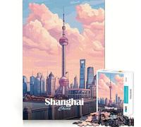 Rompecabezas para Adultos de 1000 Piezas con ilustración del Horizonte de Shanghái Bordes impecables Divertido Juego para concentrarse mentalmente Juego Tranquilo decoración navideña Regalo (38x26cm)