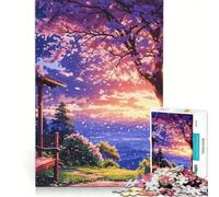 Rompecabezas para Adultos de 1000 Piezas con Paisaje de cerezos en Flor al Atardecer, Juego Relajante, dificultad Alta, con póster y Hoja de Preguntas a Juego 50x75cm