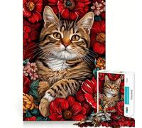 Rompecabezas para Adultos de 1000 Piezas con Retrato de Gato rodeado de Flores Rojas Juego de Habilidad Mental de Corte Premium Diversión sin Esfuerzo Decoración navideña para Pared (38x26cm)