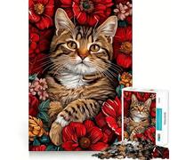 Rompecabezas para Adultos de 1000 Piezas con Retrato de Gato rodeado de Flores Rojas Uniones Suaves Divertido Juego Casual para Resolver Problemas Ideal para cumpleaños Arte y Entretenimiento 50x75cm