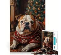 Rompecabezas para Adultos de 1000 Piezas con Retrato navideño de Bulldog,Arte de Corte preciso,Juguete de Juego cognitivo,Tiempo de Juego Relajante,Arte de Pared navideño (38x26cm)