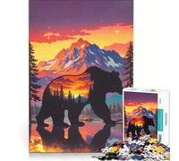 Rompecabezas para Adultos de 1000 Piezas con Silueta de Oso y Puesta de Sol en un Paisaje Juegos relajantes, desafío difícil, Ideal para Fortalecer el Amor en Pareja 50x75cm