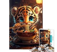 Rompecabezas para adultos de 1000 piezas con un lindo tigre comiendo ramen Ayuda a ejercitar el cerebro Regalo de cumpleaños Juguetes de decoración para el hogar Apto para mayores de 14 años (50x75cm)