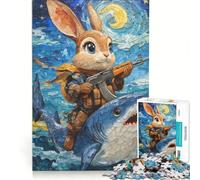Rompecabezas para Adultos de 1000 Piezas: Conejo Armado Montando un tiburón en la Noche Estrellada Juegos Familiares, de análisis y lógica Regalos para Amigos y Familiares 38x52cm