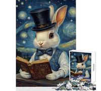 Rompecabezas para Adultos de 1000 Piezas Conejo Leyendo bajo un Cielo Estrellado Juego práctico para Adultos Decoración Diversión en casa (Tamaño 38x52cm)