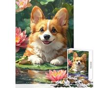 Rompecabezas para Adultos de 1000 Piezas: Corgi y Rana en un Estanque de Lirios Decoración del hogar Juguetes Obras de Arte Regalo Juego Imposible Cada Pieza es única Tamaño: 38x26cm