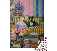 Rompecabezas para Adultos De 1000 Piezas Cozy Dogs on Striped Couch with Flowers Rompecabezas para Adultos Juego Práctico Análisis Y Lógica Cumpleaños Y Navidad 70x50cm/1000pcs