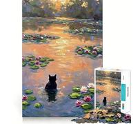 Rompecabezas para Adultos de 1000 Piezas Cuadro de Gato Negro en Estanque de nenúfares,Encaje Perfecto,Regalo para Jugar a concentrarse,para Relajarse,Regalo de cumpleaños 38x52cm