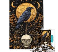 Rompecabezas para Adultos de 1000 Piezas Cuervo místico y Calavera bajo la Luna Dorada Rompecabezas para Adultos Juegos Familiares Actividades Divertidas y difíciles en casa (tamaño 38x52cm)