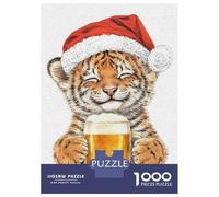 Rompecabezas Para Adultos De 1000 Piezas Cute Tiger Cub in Santa Hat with Beer Rompecabezas Para Adultos Juegos Relajantes Pero Divertidos Y Humorísticos Interacción Entre Padres E Hijos 38x26cm/1000p