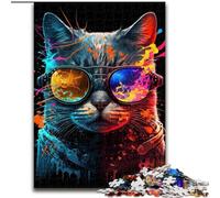 Rompecabezas para Adultos de 1000 Piezas de Madera con diseño de Gato y Gafas de Colores Divertida Actividad para el hogar 50x75cm Divertida Actividad Familiar,desafío Mental
