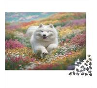 Rompecabezas para Adultos de 1000 Piezas de Perro Mascota Lindo | Desafío Educativo Samoyedo en Flores Coloridas Decoración de Pared y Regalos 52x38cm/1000pcs