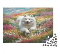 Rompecabezas para Adultos de 1000 Piezas de Perro Mascota Lindo | Papel Reciclado Samoyedo en Flores Coloridas Puzzle Imposible y Decoración del Hogar 38x26cm/1000pcs