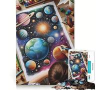 Rompecabezas para Adultos de 1000 Piezas Dibujo Infantil de Planetas en el Espacio Juego de Habilidad Mental Diversión sin Esfuerzo Decoración navideña para Pared (38x52cm)