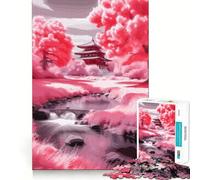 Rompecabezas para Adultos de 1000 Piezas,diseño de cerezos en Flor,casa Japonesa,Arte de Corte Fino,Juego para estimular la Mente,Juego Relajante, (38x26cm)