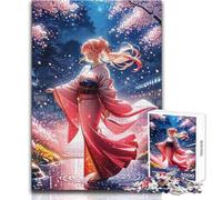 Rompecabezas para Adultos de 1000 Piezas,diseño de Chica de Anime con Kimono bajo la Noche,con Flores de Cerezo,Ideal para Juegos Familiares,una Obra de Arte,Regalo de Amigo Secreto,tamaño 38x52cm
