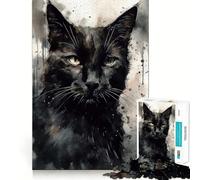 Rompecabezas para Adultos de 1000 Piezas,diseño de Gato Negro con Tinta,articulaciones Finas,Divertido,Actividad Mental Inteligente,Juego Relajante,Regalo navideño Tranquilo 50x75cm