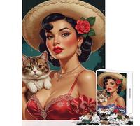 Rompecabezas para Adultos de 1000 Piezas diseño de Pin-up Mexicana con Lindo Gato Ideal para Decorar el hogar Regalos Juegos de ingenio para fomentar el Amor en Pareja tamaño 38x26cm