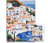 Rompecabezas para Adultos de 1000 Piezas,diseño de Pueblo Europeo en Naranja y Blanco,con patrón Abstracto,ilustración Minimalista Juego desafiante,Juguetes,Regalos de cumpleaños para Mujeres 50x75cm